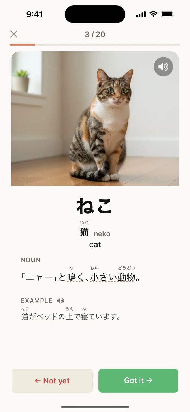Pictango flashcard for 猫 (neko, cat): a real photo of a cat with the reading, kanji, romaji, English meaning, and a Japanese definition and example sentence.