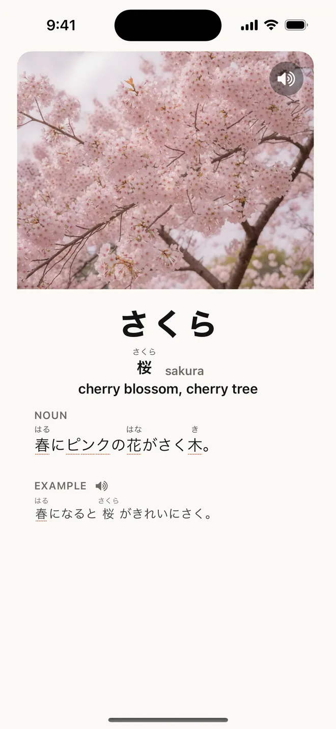 Pictango card for 桜 (sakura, cherry blossom): below the photo, the Japanese definition 春にピンクの花がさく木。 with dotted underlines beneath the tappable words.