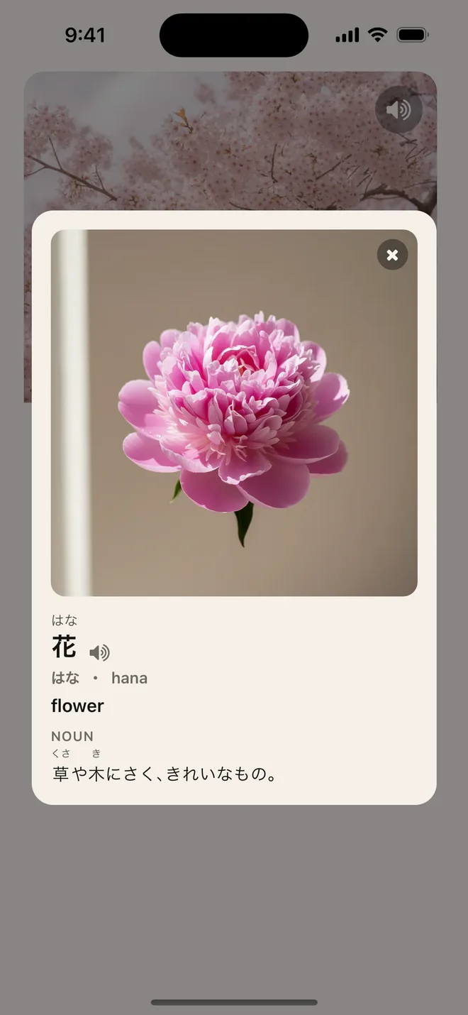 After tapping 花 in the definition: a popup card with a photo of a flower, the reading はな / hana, the meaning 'flower', and a one-line Japanese definition.
